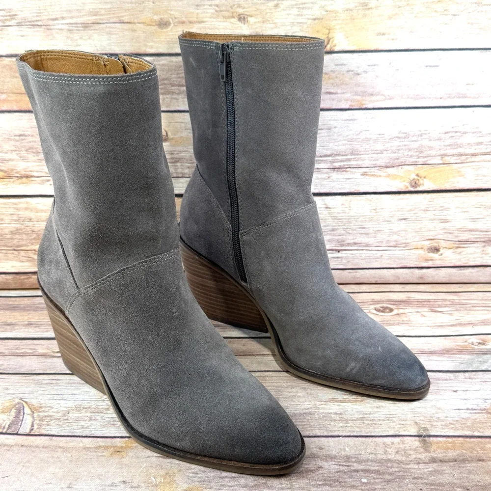 Lucky Brand Womens Falcon Gray Suede Leather Sarey Chunky Heel Ankle Boots 7M
